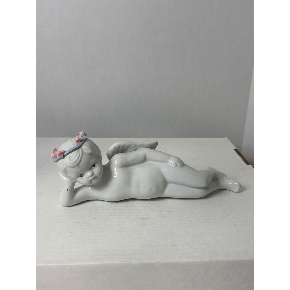 Vintage Porcelain Reclining Cherub Angel Figurine Pink Flower Crown White Gloss